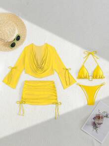 Swim SXY Set de 4 piezas de bikini de triángulo de unicolor con tirantes de espagueti, con suéter holgado de manga larga de malla y falda corta con pliegues y lazo en la cintura, sexy y elegante para fiestas en la playa y vacaciones