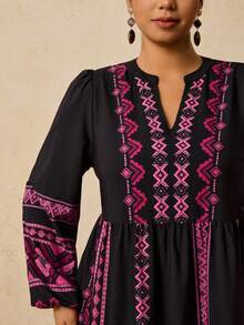 Travachic Váy dài tay họa tiết hoa và sọc Bohemian cỡ lớn dành cho nữ, phong cách thường ngày ngày lễ, mùa thu/đông - màu đen - Xem 7