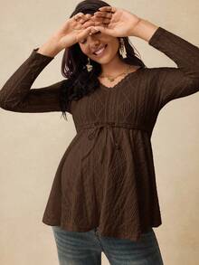 Boho Mama Maternity V-Neck Cable Knot Design Fashionable Versatile Long Sleeve T-Shirt - Brown - View 6
