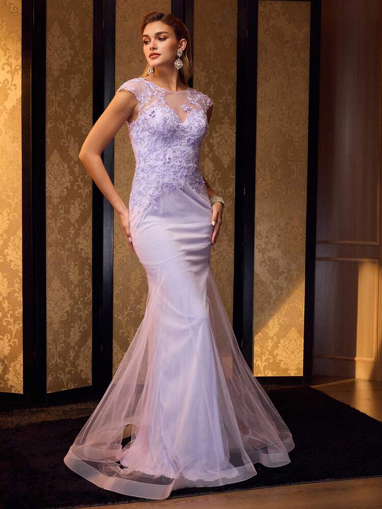 PURPLE CONTRAST MESH FLORAL EMBROIDERED FISHTAIL HEM EVENING DRESS