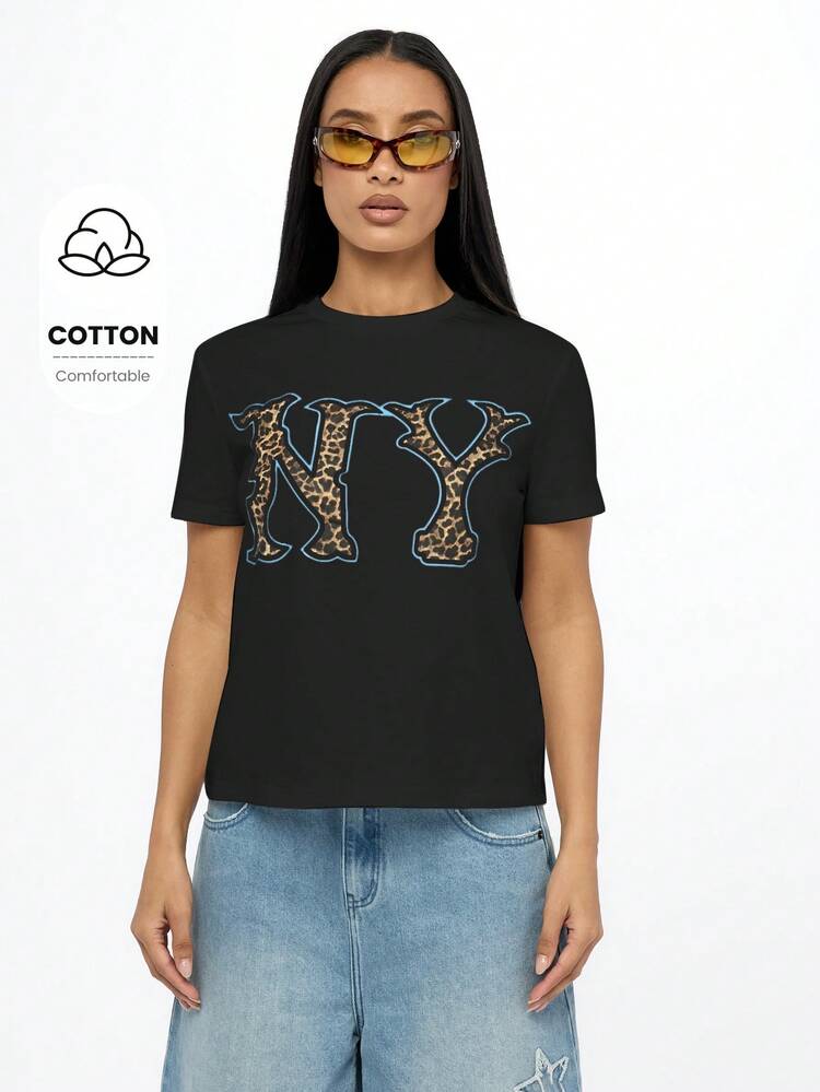 SUMWON WOMEN NY Leopard Print Urban Streetwear Casual Fashion Short Sleeve T-Shirt