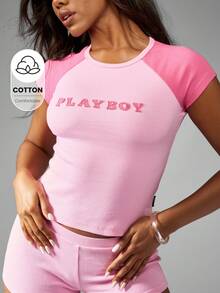 Missguided x Playboy Áo thun trẻ em tay ngắn Raglan có gân tương phản thương hiệu - Hồng - Xem 1