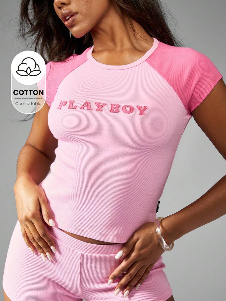 Missguided x Playboy Áo thun trẻ em tay ngắn Raglan có gân tương phản thương hiệu - Hồng - Xem 1