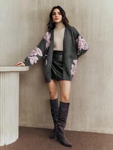 Anewsta Vintage Elegant Loose Fit Jacquard Floral Cardigan, Mid-Length, Wool, Autumn/Winter - Light Grey - View 7