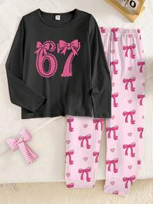 Tween Girls 2pcs Pajama Set, Black Long Sleeve Top With Number 67 & Bow Print, Paired With Pink Butterfly & Heart Print Pants, Casual Loungewear - Black - View 4