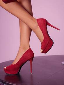 CUCCOO LuxiPop 女士高跟鞋，尖头厚底礼服鞋，黑色绒面革，适合通勤、正式场合、圣诞节、感恩节、新年派对、夜店等场合。 - 酒紅色 - 查看 1