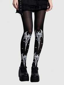 ROMWE Goth 1 par de medias con estampado escocés oscuro y estampado de leopardo, estilo gótico - Negro grande 1 - Ver 5