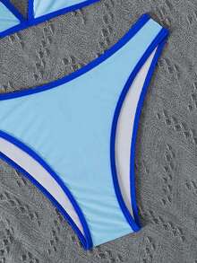 Bonvoyette 女士夏季度假沙滩撞色滚边细肩带比基尼套装 - 藍色 - 查看 5