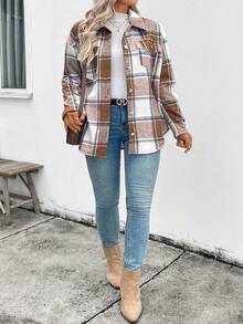 EMERY ROSE Plus Size Women's Plaid Thermal Lined Casual Commuter Fashion French Elegant Street Vintage Versatile Holiday Business Apricot Autumn/Winter Long Sleeve Jacket Regular Outerwear - Mocha Brown - View 3