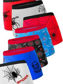 Tween Boys Trunks-7 Piece Pack Boxer Briefs Spider Web Print Halloween Theme Elastic Waistband Stretch Fit Breathable Soft Red Blue Black White Gray All Season Everyday Play School Holiday Gift New Year 2026 Essential - Multicolor - View 4
