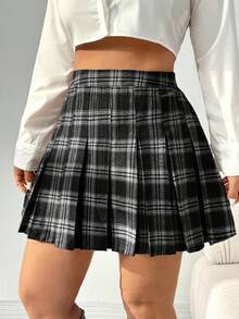 SHEIN CURVE+ Plus Size Women Vintage Plaid Pleated A-Line Skirt, Autumn/Winter - Black - View 3