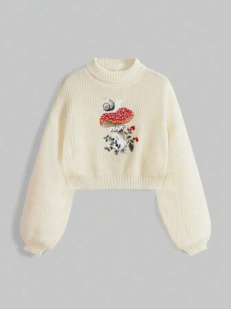 Fairycore Suéter de cuello alto versátil con bordado de caracol y seta, estilo retro Mori para mujer