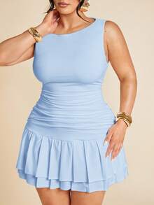 SHEIN BAE 大码曲线女士无袖纯色白色紧身褶皱迷你双层褶皱连衣裙，适合夏季、秋冬季节，鼠尾草绿连衣裙 - 淺藍色 - 查看 5