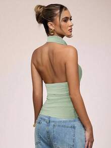 SHEIN BAE Tank Top Wanita Seksi Kasual Tanpa Punggung dengan Leher Berlipat, Pas Badan, Cocok untuk Perjalanan Sehari-hari, Musim Panas - Mint Green - View 2