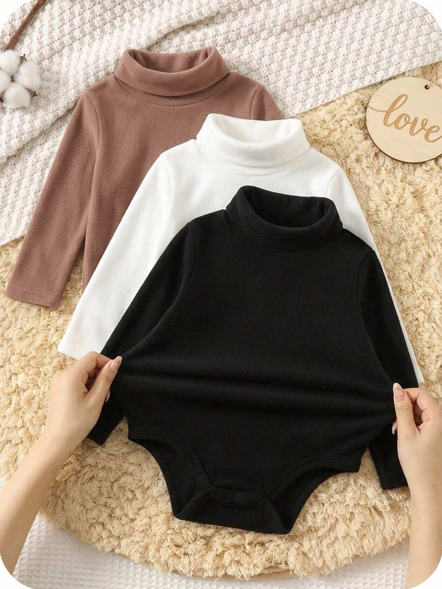 SHEIN Bộ 3 món/Bộ đồ liền thân dài tay cổ lọ màu trơn dày ấm áp cho bé trai/gái mới biết đi, thoải mái, đa năng, thời trang, thường ngày, thích hợp mặc trong nhà, ngoài trời, hàng ngày, thể thao, vui chơi, tiệc tùng, chụp ảnh, ngày lễ, Halloween vào mùa thu/đông - Nhiều màu - Xem 1