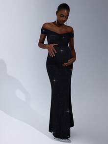 Cheriluna Maternity Maternity Off-Shoulder Backless Tie-Up Split Elegant Luxurious Dress For Photoshoot - Black - View 4