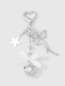 ROMWE Kawaii 1pc Y2K Minimalist High-End Silver Butterfly Faux Pearl Hollow Heart Star Woven Bow DIY Keychain Bag Charm, Suitable For Women/Girls Daily Wear, Holiday Gift