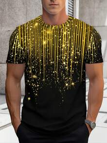 Manfinity Dauomo 男士黑色T恤，饰有金色亮片图案 - 休闲圆领短袖夏季上衣，常规版型，休闲夏季上衣 | 亮片图案T恤 | 舒适版型 - 彩色 - 查看 1