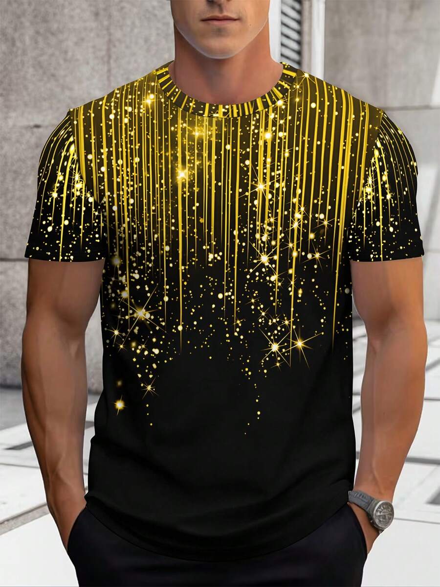 Manfinity Dauomo 男士黑色T恤，饰有金色亮片图案 - 休闲圆领短袖夏季上衣，常规版型，休闲夏季上衣 | 亮片图案T恤 | 舒适版型 - 彩色 - 查看 1