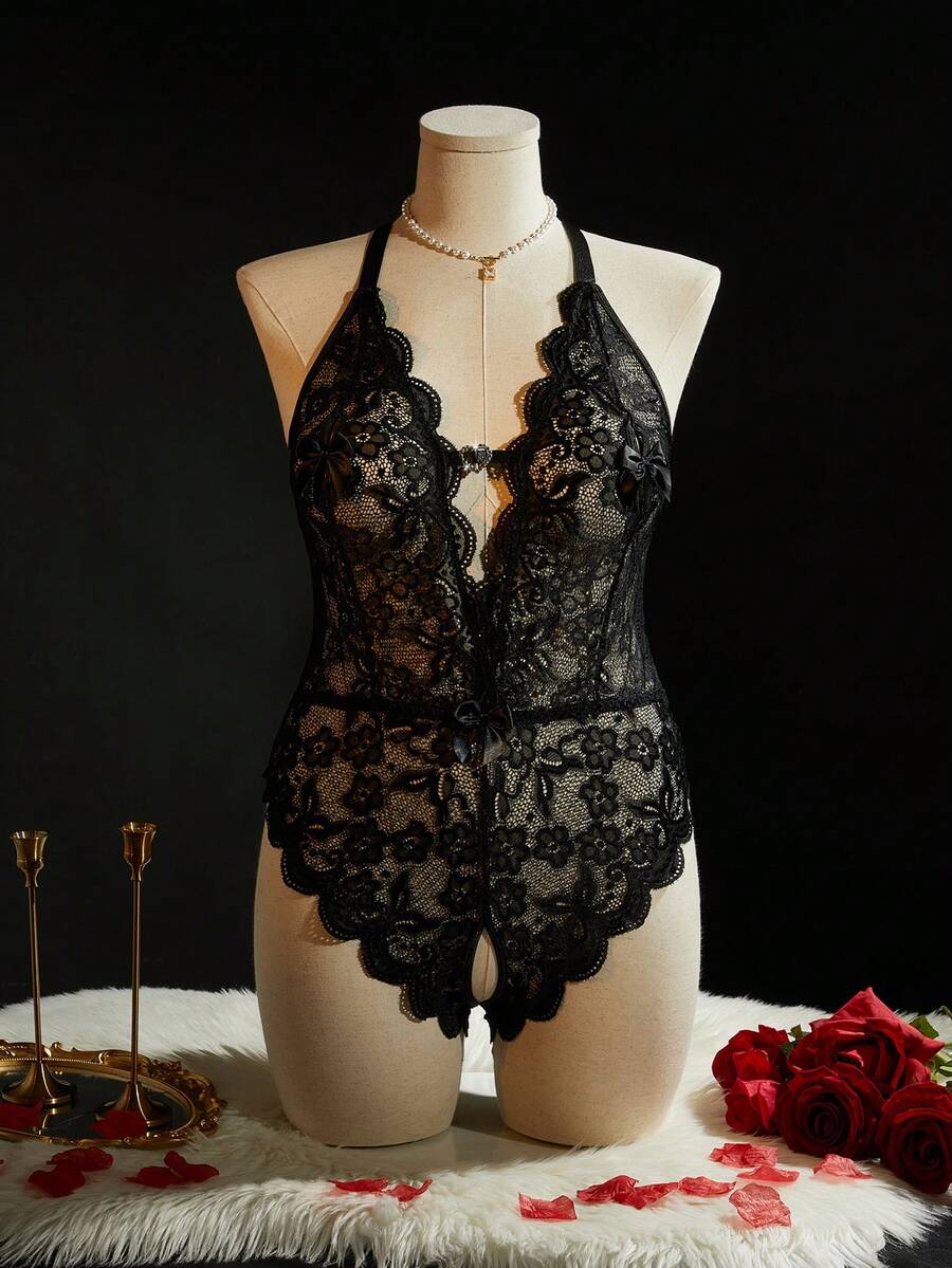 SpicyHot 1pc Plus Size Lace Wireless Sexy Lingerie Bodysuit - Black - View 1