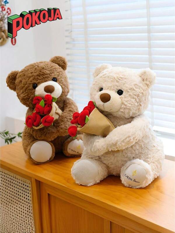 POKOJA LAND - SELECTS 11'' Stuffed Teddy Bear Dolls With Rose,Available In Brown And Beige.Soft Plush Animal Toys For Her/Girlfriend Lover Mom Kids Gifts Home Decor.Good Choice For Valentine's Day Gifts.