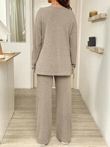 2pcs Maternity Casual Solid Color Side Slit Top And Pants Set, Autumn 3 Day Delivery Pregnancy - Khaki - View 2