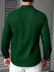 Manfinity CasualCool 男士休闲纯色前开襟衬衫，秋季款 - 綠色 - 查看 2