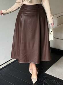 Dazy Plus 纯色PU皮A字裙，优雅百搭，适合春秋季穿着 - 棕色 - 查看 7