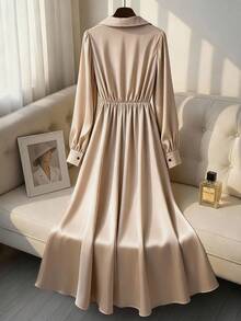 GlowEve CURVE 时尚休闲法式浪漫复古优雅V领长袖收腰通勤连衣裙 - 香檳色 - 查看 2