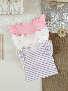 SHEIN Playful Pals 3件組女嬰夏季服裝可愛粉白條紋荷葉邊套頭T恤返校季畢業季3M-3Y時尚穿搭 - 彩色 - 查看 3