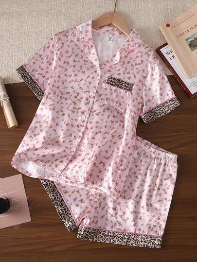Tween Girls Pajamas-2 Piece Pajama Set Spring To Summer Short Sleeve Button Down Top Lapel Collar Chest Pocket Elastic Waist Shorts Pink Floral Print Leopard Trim Soft Lounge Sleepwear Four Seasons 2026 Holiday Must Have Summer Pajama Set