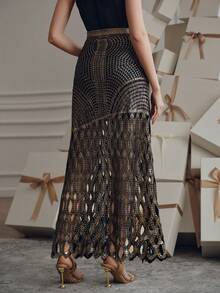 Anewsta Elegant Rope Knot Crochet Openwork Embroidered Gold Foil Skirt, Suitable For Summer, Beach, Festival, Holiday - Black - View 4