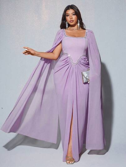 Viva Relle 大码女士优雅浪漫奢华宴会派对婚礼宾客雪纺灯笼袖圆领钻石装饰飘逸长裙（随机水钻）