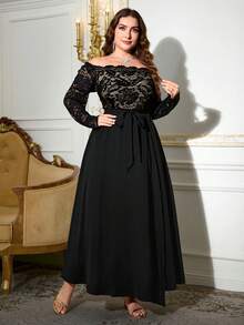 Reflora 大码纯色蕾丝拼接露肩长袖开衩连衣裙 - 黑色 - 查看 7