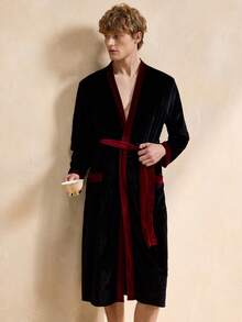 Men's Contrast Trim Long Sleeve Comfortable Long Tie-Waist Bathrobe - Multicolor - View 5