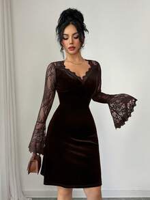 Modelyn 女士秋冬蕾丝拼接天鹅绒V领荷叶袖修身时尚连衣裙 - 咖啡 - 查看 5