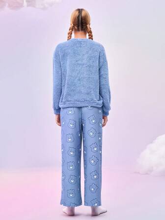 SHEIN X Care Bears Dampyjamasset med tecknad broderi och luddiga byxor, höst-/vinterkläder, fluffigt och mysigt