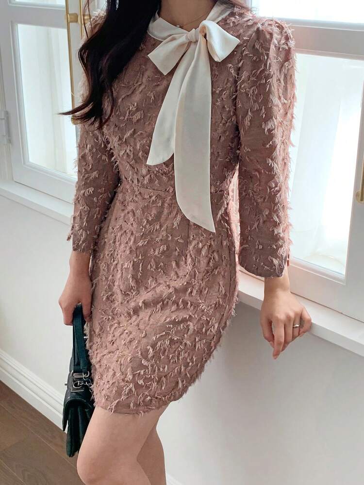 Women's Tie Bow Textured Short Dress Sundress