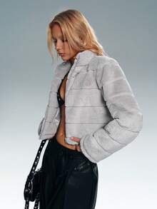 TRNVIE Zip Up Crop Teddy Jacket Black Fur Jacketplush Jacketcropped Jacketcrop Jacketcrop Jackets For Women - Light Grey - View 1