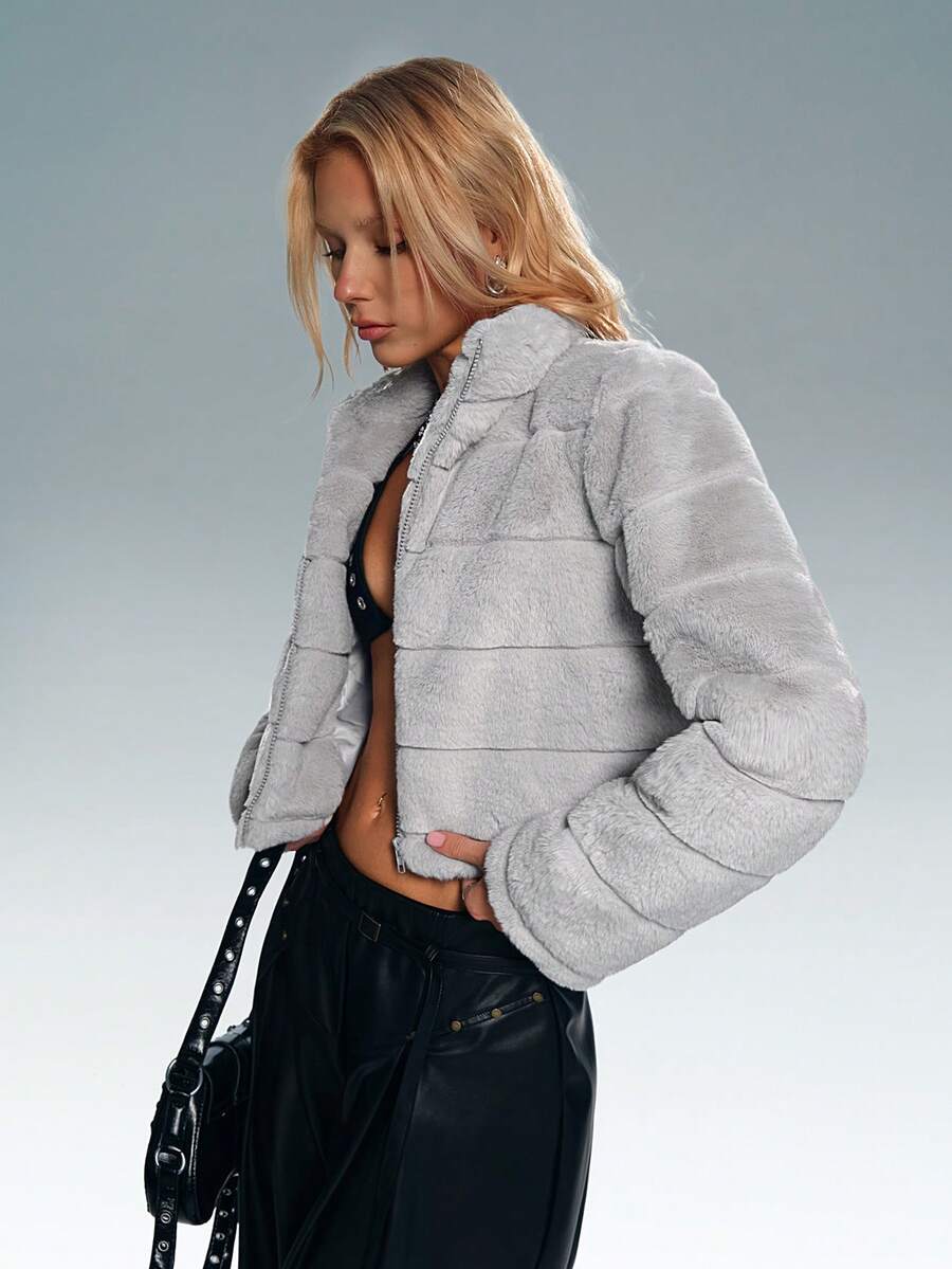 TRNVIE Zip Up Crop Teddy Jacket Black Fur Jacketplush Jacketcropped Jacketcrop Jacketcrop Jackets For Women - Light Grey - View 1