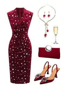 Ellevyn 女士优雅高弹力紧身连衣裙，带有浪漫的星星图案，适合圣诞节、新年派对和宴会，酒红色 - 酒紅色 - 查看 2