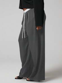 MUSERA 加大码直筒撞色系带腰带休闲裤 - 深灰色 - 查看 3