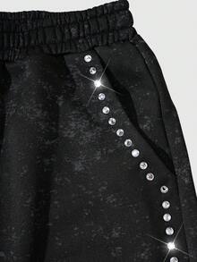 ROMWE MEN Street Life 休闲宽松水钻装饰抽绳男士运动裤 - 黑色 - 查看 3