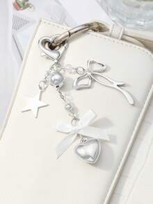 ROMWE Kawaii 1pc Y2K Minimalist High-End Silver Butterfly Faux Pearl Hollow Heart Star Woven Bow DIY Keychain Bag Charm, Suitable For Women/Girls Daily Wear, Holiday Gift