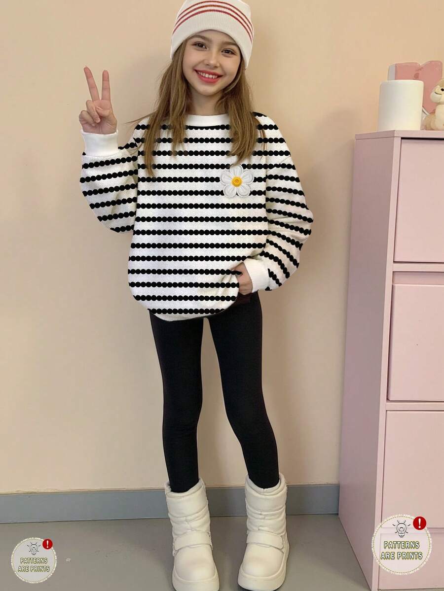 SHEIN Leap Crew 2 件套 Tween 女童休闲时尚条纹花卉印花圆领长袖运动衫和紧身裤,黑白撞色,舒适秋冬款式 - 彩色 - 查看 1