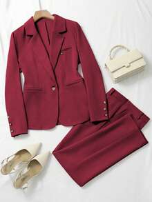 Franclia 女士休闲纯色单扣西装套装女士西服套装女士西装外套套装女士正装 - 酒紅色 - 查看 1