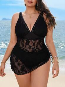 Swim Lushoire Plus Size Women 2pcs Solid Color Elegant Beach/Pool Swimsuit - Black - View 1