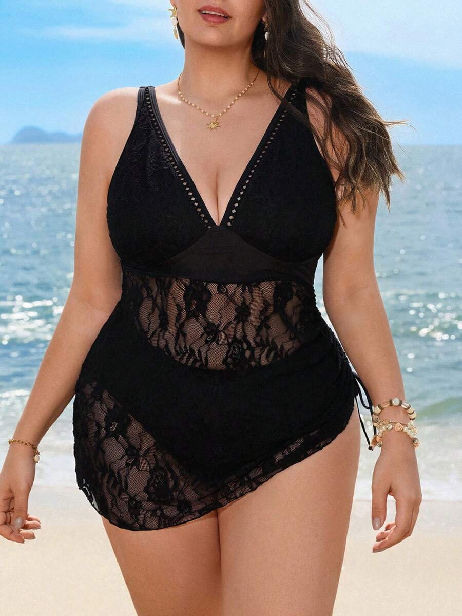 Swim Lushoire Plus Size Women 2pcs Solid Color Elegant Beach/Pool Swimsuit - Black - View 1