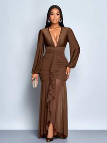 SOLERSUN Women's Elegant Ruffle Trim Plunging V-Neck Long Sleeve Solid Color Pleated Mesh Patchwork Fishtail Hem Maxi Dress, Sexy And Simple, Suitable For Cocktail Party, Date, Autumn/Winter Dress, Party/Wedding Bridesmaid Dress, Evening Gown, Halloween, Christmas Date Night Thanksgiving Women Outfit