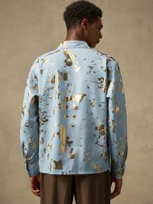 AKNOTIC Business Casual Men's Long Sleeve Single-Breasted Pocket Fashionable Foil Shirt Mens Champagne Shirt Mens Gold Print Shirt Mens Casual Shirt - Blue - View 6